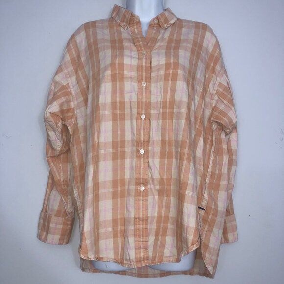 J. Crew Tops - JCrew Flannel Shirt Womens 2 Peach Friday Plaid Relaxed-Fit Featherweight Cotton